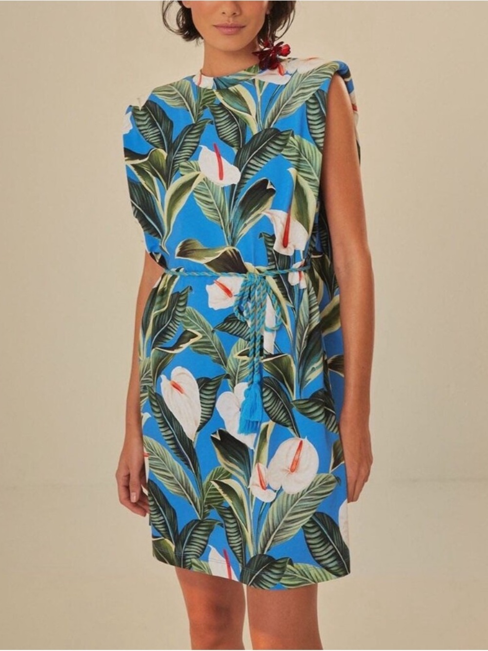 FARM Rio Anthurium Garden Blue Organic Cotton Mini T-Shirt Dress S